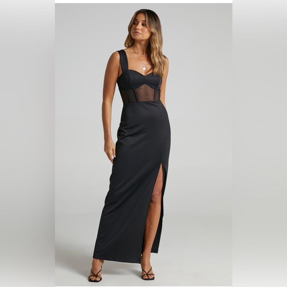 Perrie Mesh Corset Maxi Dress in Black